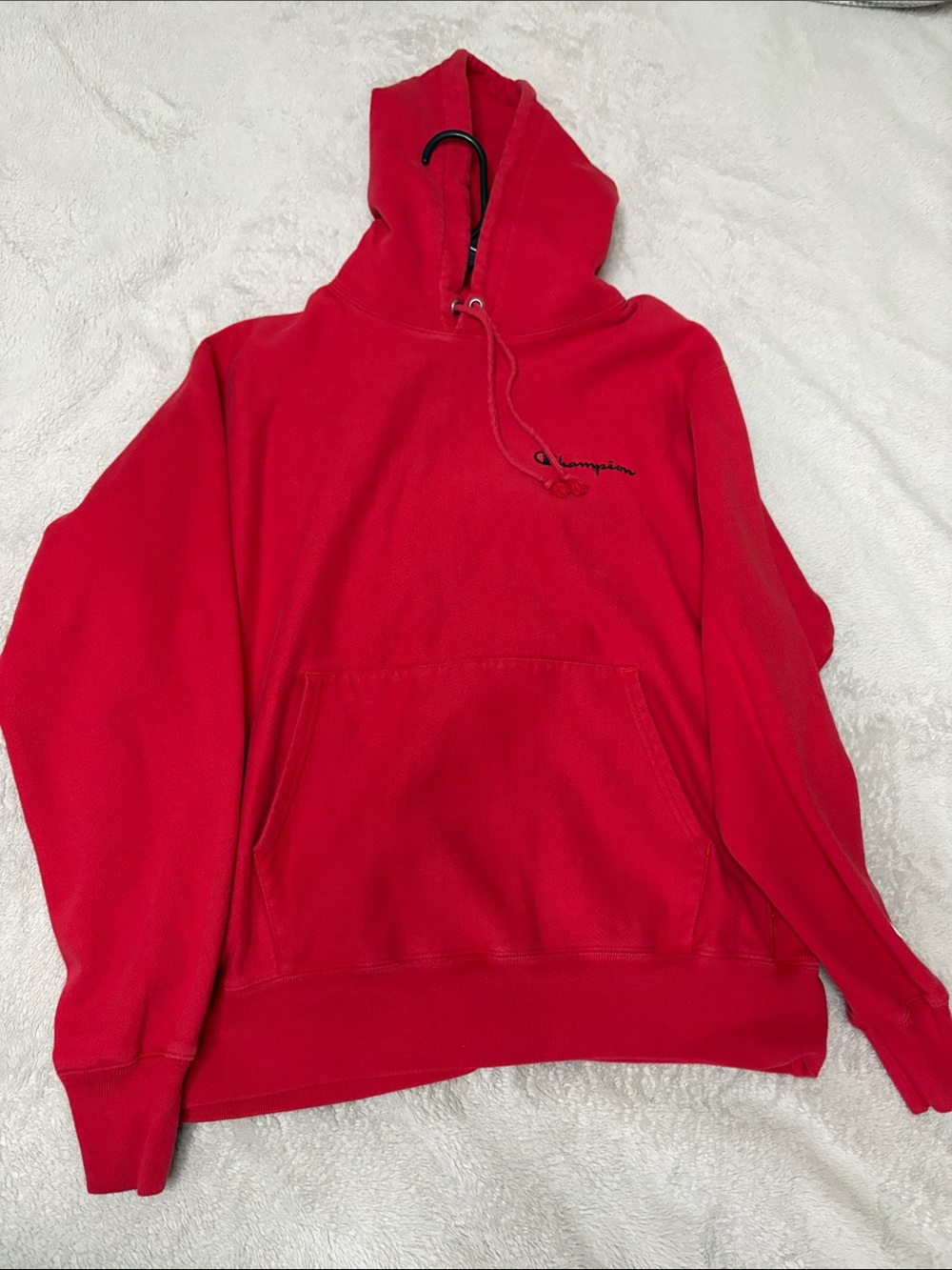 Champion Men's Red Crewneck Hoodie with Kangaroo Pocket